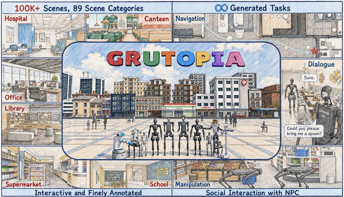GRUtopia teaser showing more than 100,000 scenes across 89 categories and robot tasks in navigation, dialogue, and manipulation