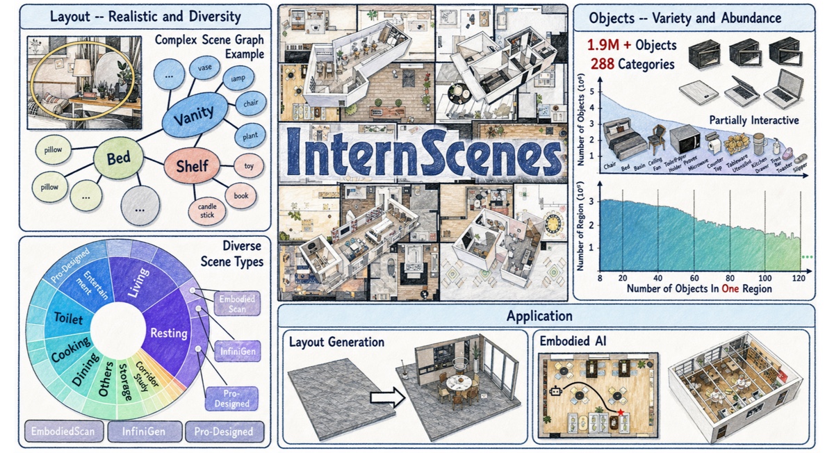 InternScenes teaser showing layout diversity, 1.9 million objects across 288 classes, layout generation, and embodied AI applications