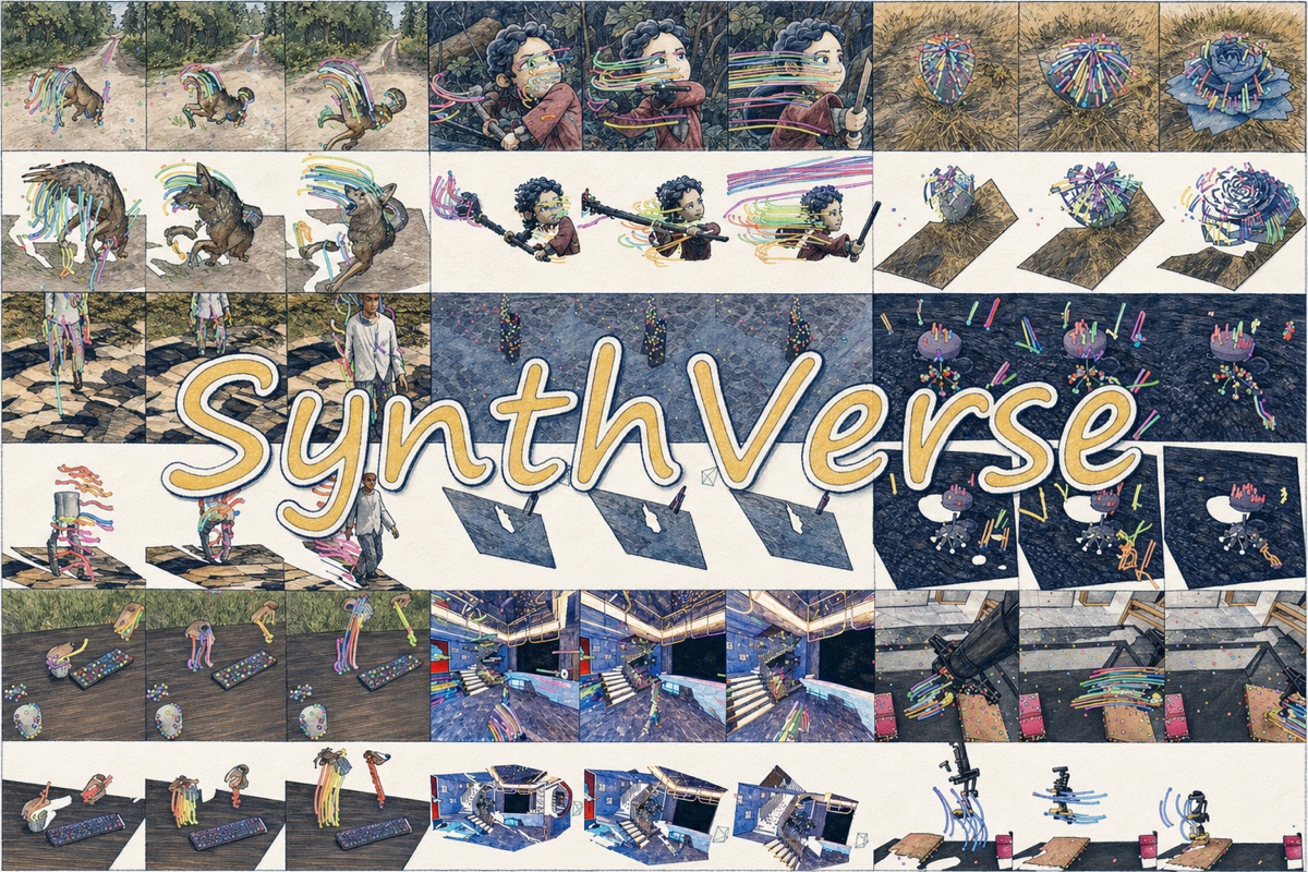 SynthVerse teaser collage of animated, embodied, articulated, and manipulation sequences with colored point trajectories
