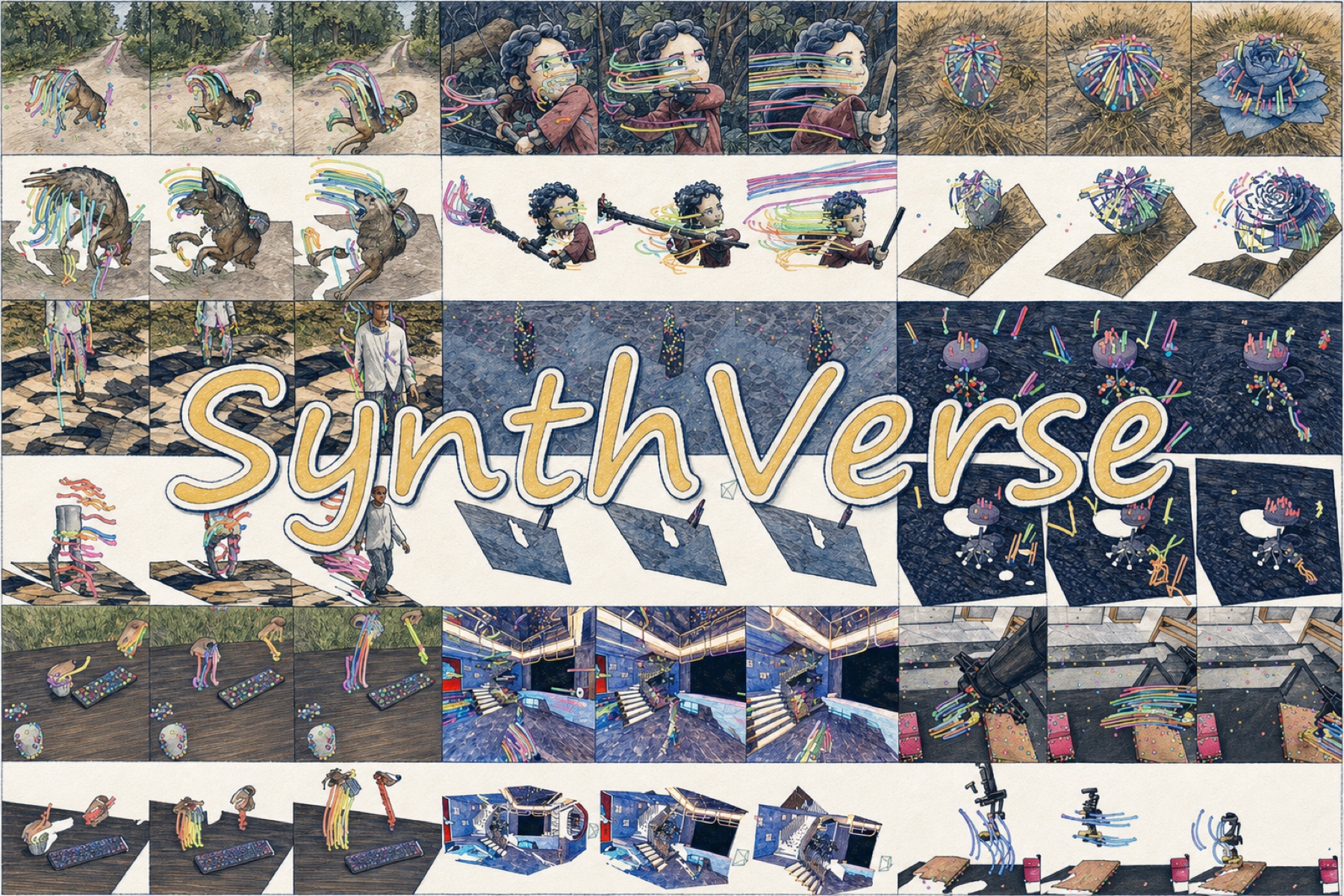 SynthVerse teaser collage of animated, embodied, articulated, and manipulation sequences with colored point trajectories